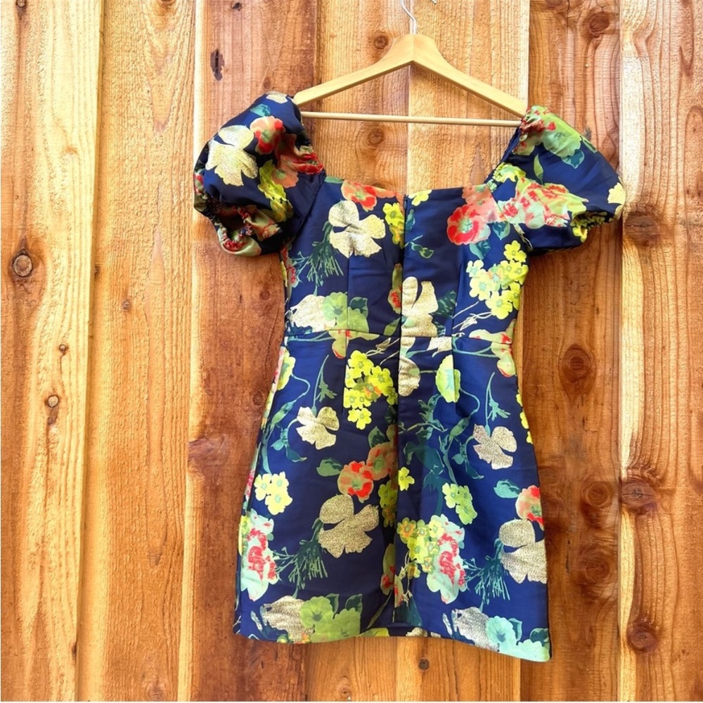 Navy Blue and Green Multi Floral Jacquard Puff Sleeve Mini Dress πΏ - Picture 9 of 10